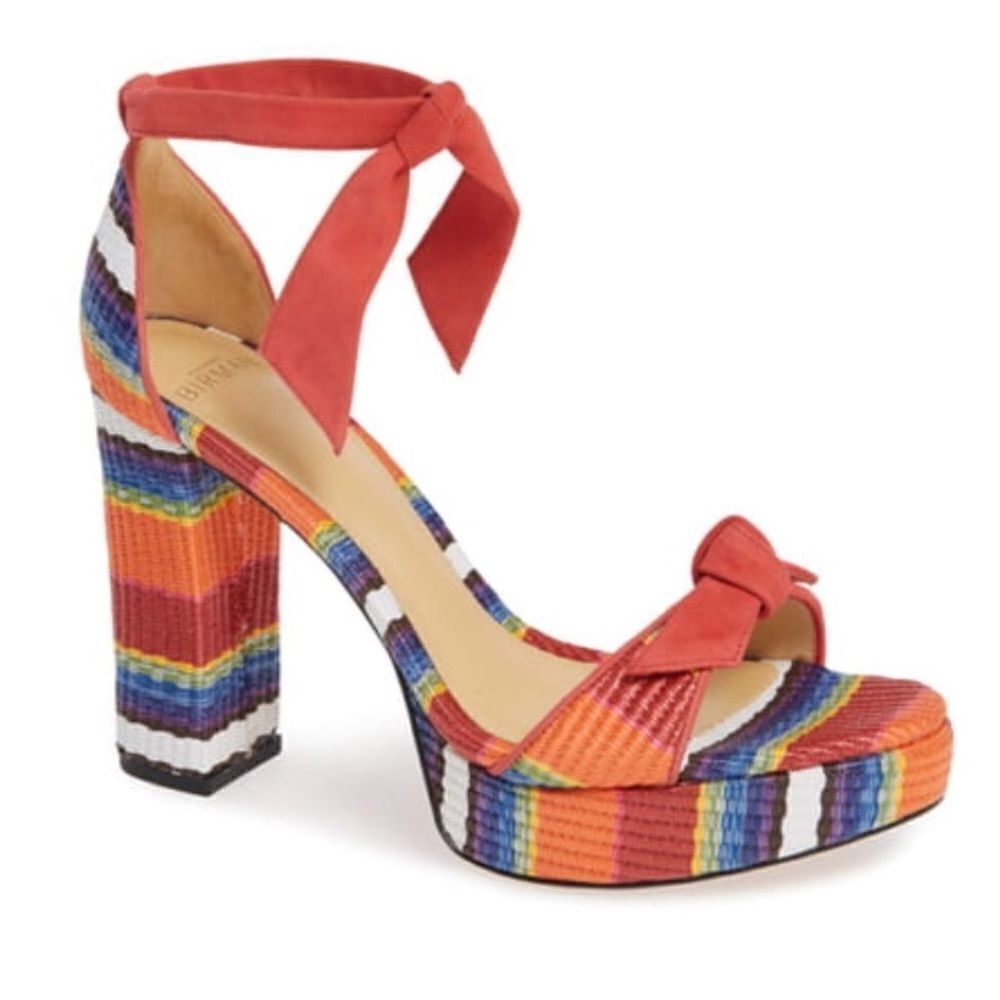 Alexandre Birman Straw Stripe Ankle Tie Chunky Heel Platform Sandal Size 37 1/2
